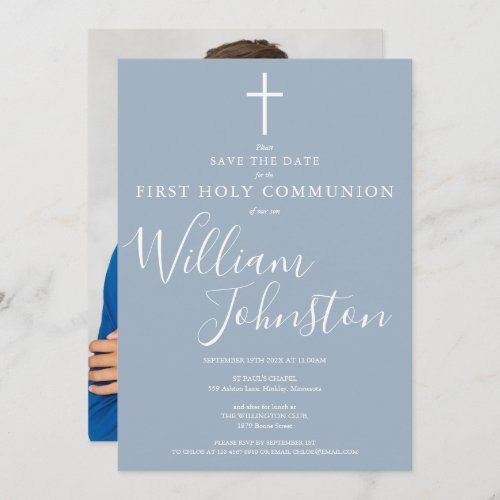 First Holy Communion Dusty Blue Script Photo Save The Date