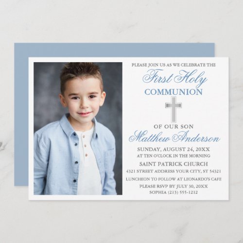 First Holy Communion Dusty Blue Silver Photo Invitation