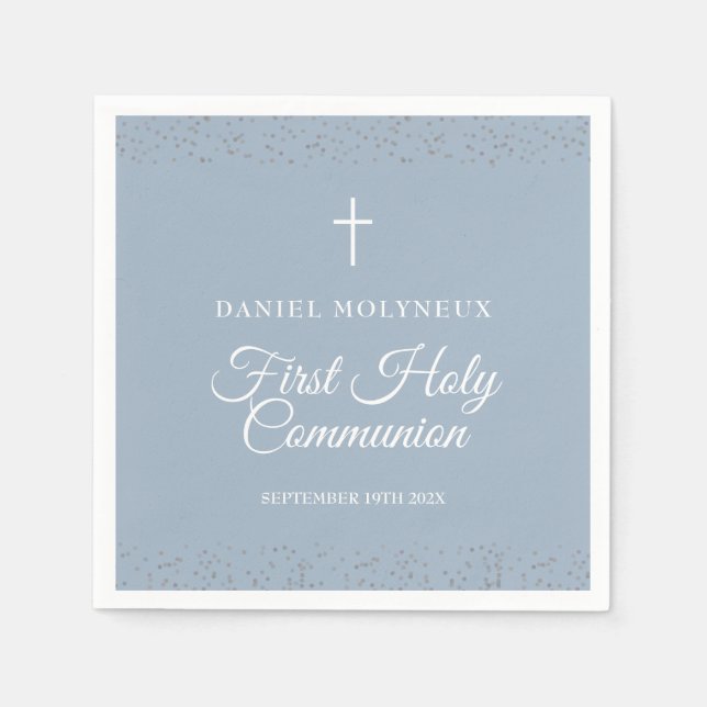 First Holy Communion Dusty Blue Silver Stardust Napkins (Front)