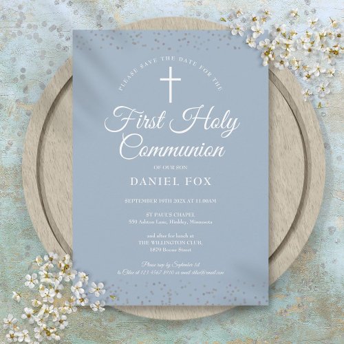 First Holy Communion Dusty Blue Silver Stardust Save The Date