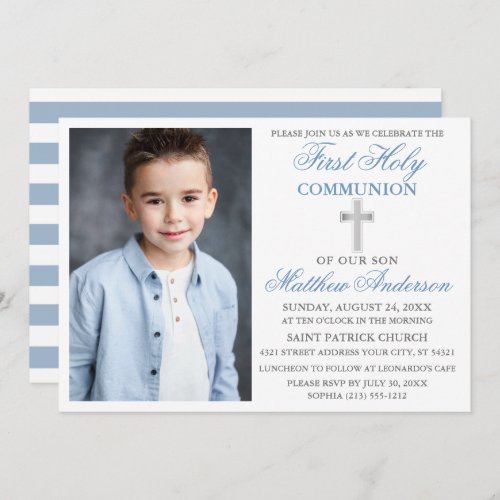 First Holy Communion Dusty Blue Silver Striped Invitation