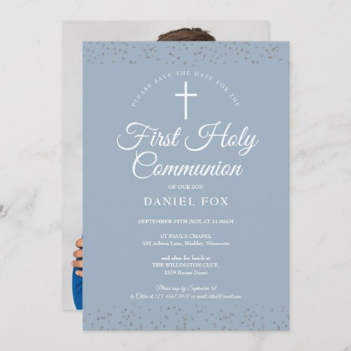 First Holy Communion Dusty Blue Stardust Photo Save The Date