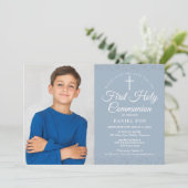 First Holy Communion Dusty Blue Stardust Photo Save The Date (Standing Front)