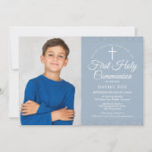 First Holy Communion Dusty Blue Stardust Photo Save The Date (Front)