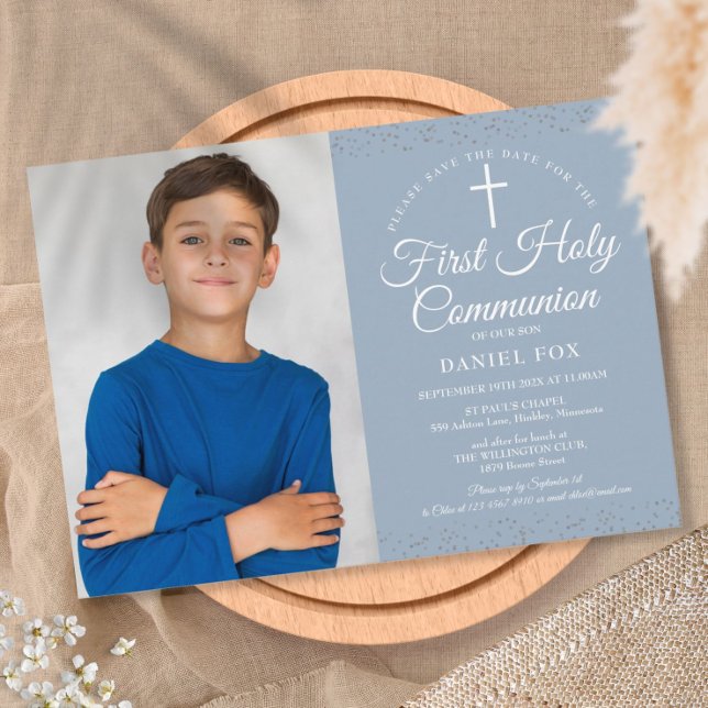 First Holy Communion Dusty Blue Stardust Photo Save The Date