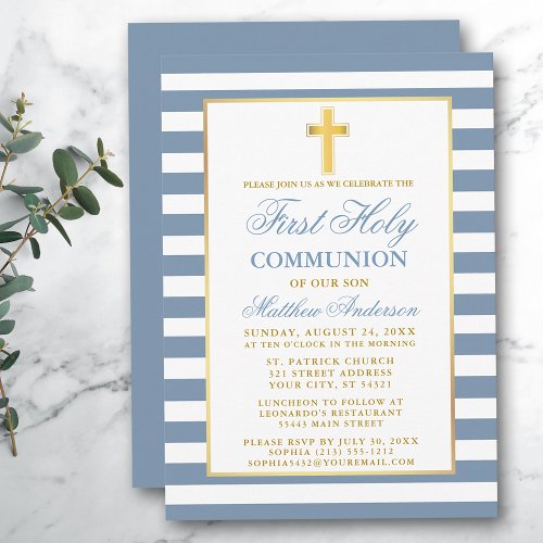 First Holy Communion Dusty Blue Striped Gold Invitation