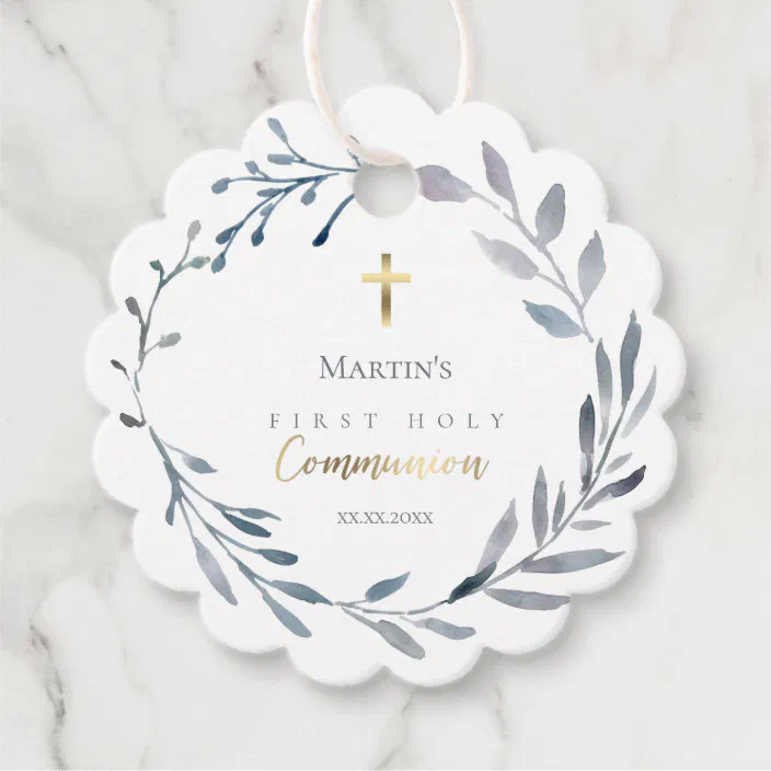 First Holy communion dusty blue wreath Favor Tags | Zazzle.com