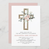 First Holy Communion Dusty Pink Rose Greenery  Inv Invitation