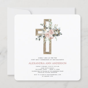 First Holy Communion Dusty Pink Rose Greenery Invitation
