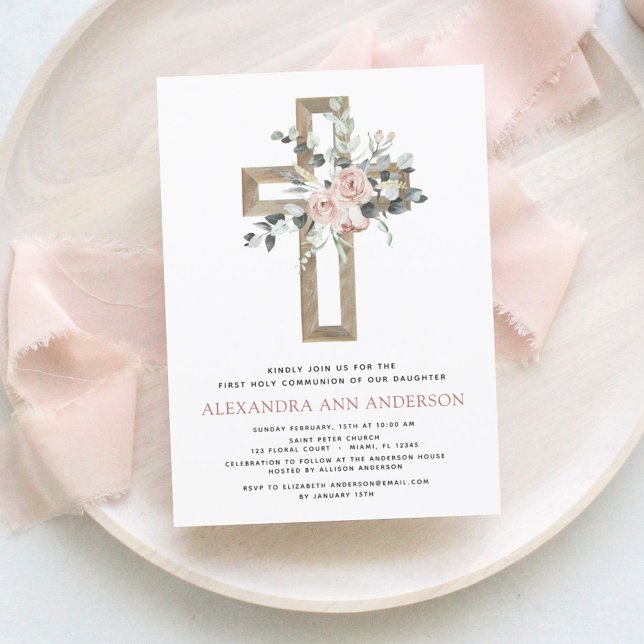 First Holy Communion Dusty Pink Rose Greenery Invitation (Creator Uploaded)