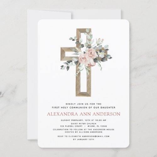 First Holy Communion Dusty Pink Rose Greenery Invitation