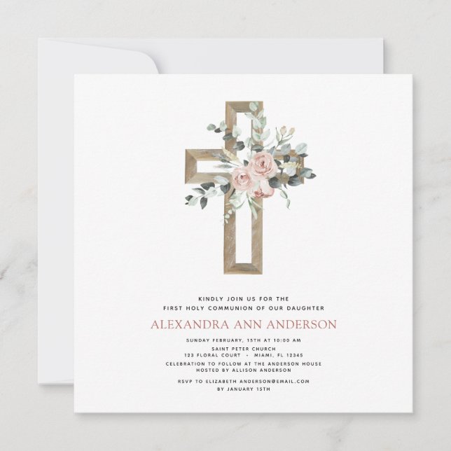 First Holy Communion Dusty Pink Rose Invitation (Front)