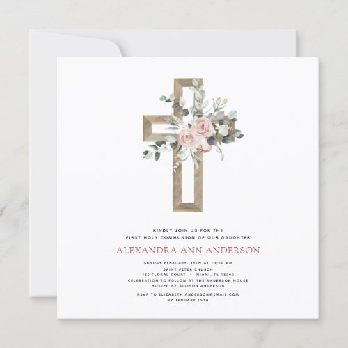 First Holy Communion Dusty Pink Rose Invitation