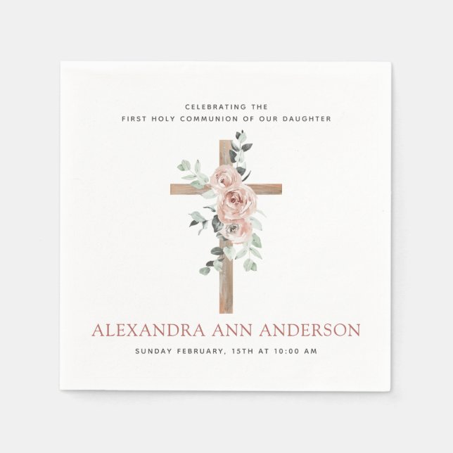 First Holy Communion Dusty Pink Rose Napkins (Front)