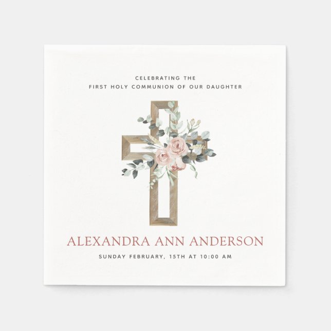 First Holy Communion Dusty Pink Rose Napkins (Front)