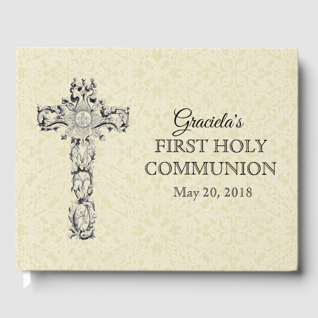 First Holy Communion Ecru Lace Cross Host Guest Book (Front)