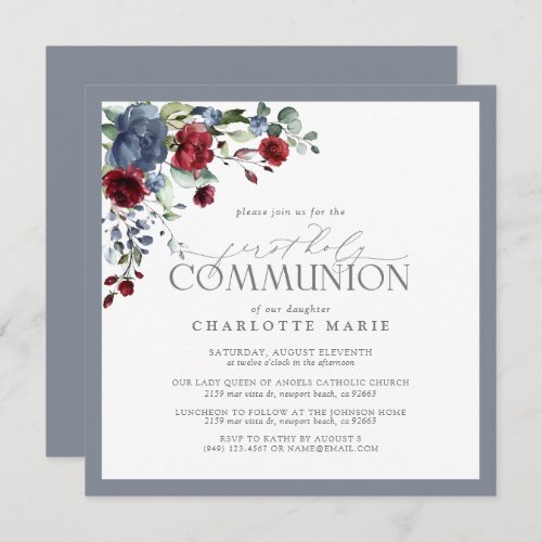 First Holy Communion Elegant Dusty Blue Burgundy Invitation