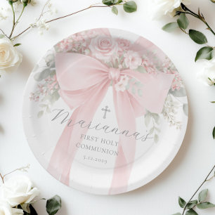 First Holy Communion Elegant Floral Blush Pink Bow Paper Plates