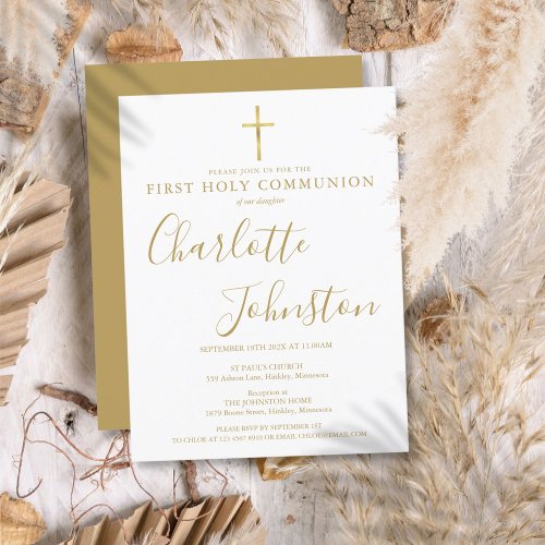 First Holy Communion Elegant Gold Signature Invitation Postcard