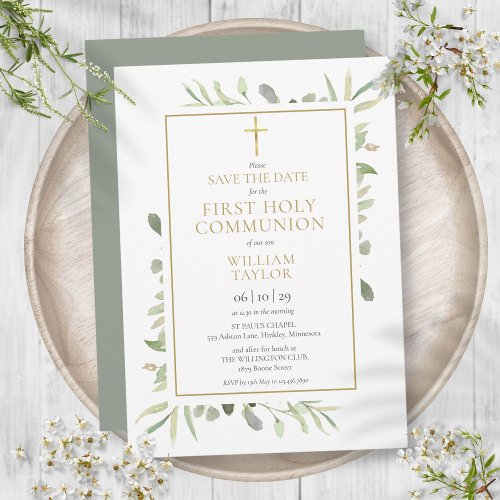 First Holy Communion Elegant Greenery Save The Date