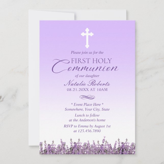 First Holy Communion Elegant Lavender Floral Invitation (Front)
