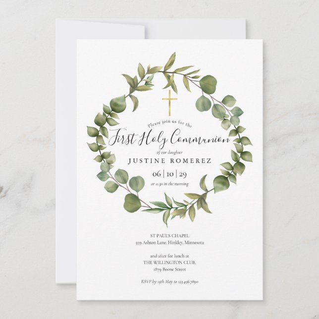 First Holy Communion Elegant Modern Greenery  Invitation (Front)