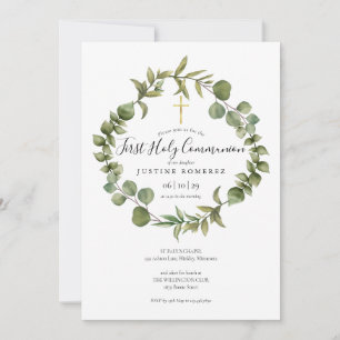 First Holy Communion Elegant Modern Greenery Invitation