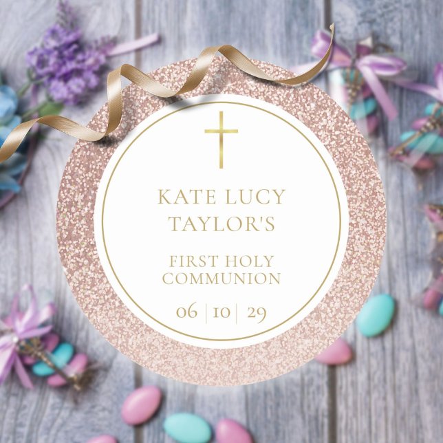 First Holy Communion Elegant Rose Gold Glitter  Classic Round Sticker (Creator Uploaded)