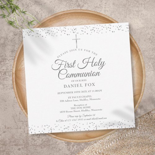 First Holy Communion Elegant Silver Stardust  Invitation