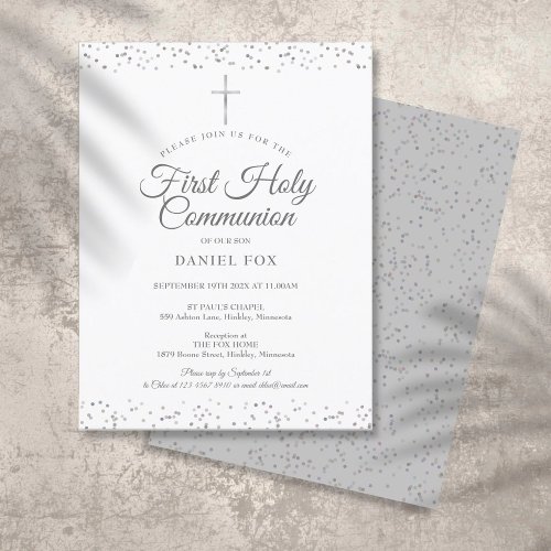 First Holy Communion Elegant Silver Stardust Invitation Postcard