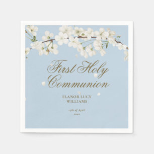 First Holy Communion Elegant White Blossom Blue Napkins