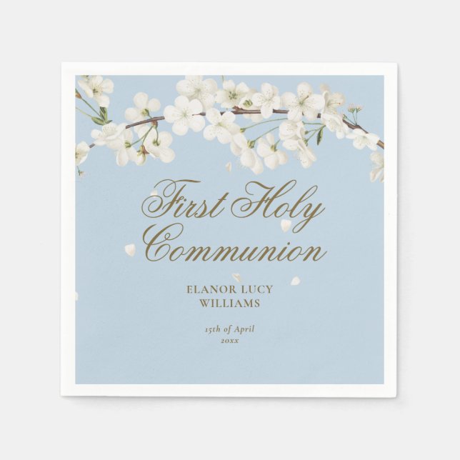 First Holy Communion Elegant White Blossom Blue Napkins (Front)