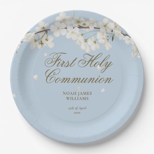 First Holy Communion Elegant White Blossom Blue Paper Plates