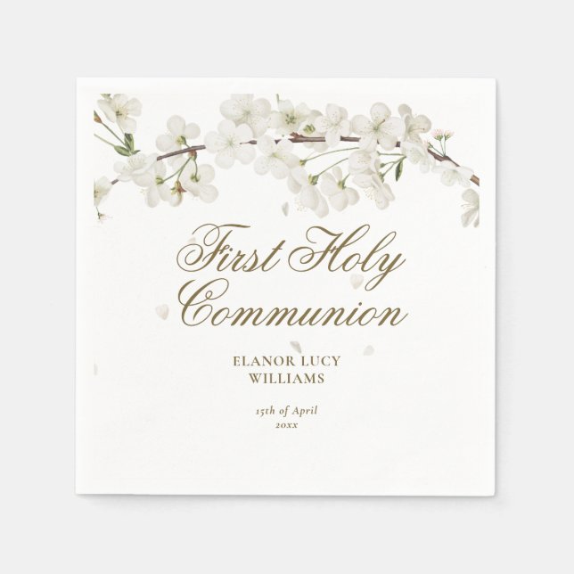 First Holy Communion Elegant White Blossom Floral Napkins (Front)