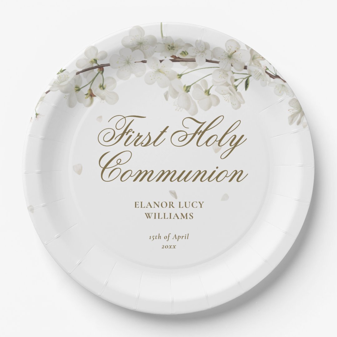 First Holy Communion Elegant White Blossom Floral Paper Plates | Zazzle