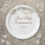 First Holy Communion Elegant White Blossom Floral Paper Plates<br><div class="desc">An elegant first holy communion paper plate featuring delicate white blossom framing your first holy communion details in elegant gold typography. Designed by Thisisnotme©</div>