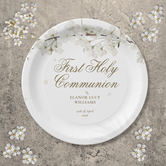 First Holy Communion Elegant White Blossom Floral Paper Plates (First Holy Communion Elegant White Blossom Floral Paper Plates)