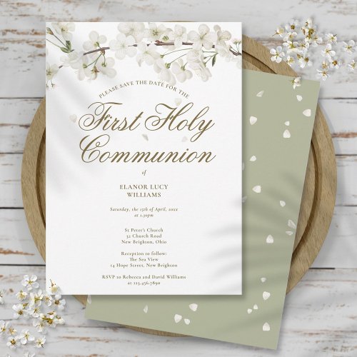 First Holy Communion Elegant White Blossom Floral  Save The Date