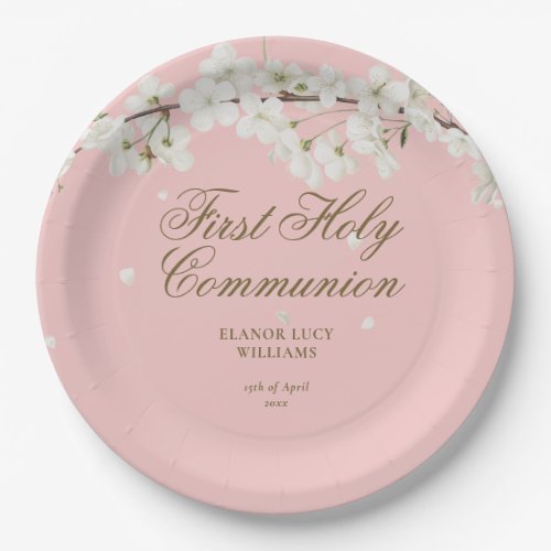 First Holy Communion Elegant White Blossom Pink Paper Plates