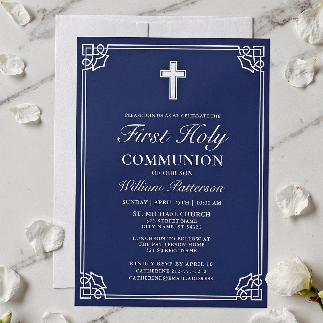 First Holy Communion Elegant Woven Frame Navy Blue Invitation (Creator Uploaded)