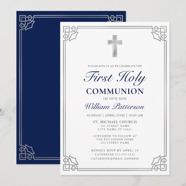 First Holy Communion Elegant Woven Silver Frame Invitation (Front/Back)