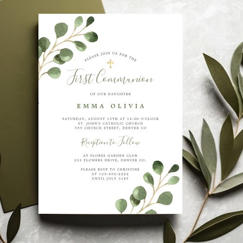 First Holy Communion eucalyptus elegant Invitation