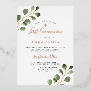 First Holy Communion eucalyptus elegant rose gold Foil Invitation
