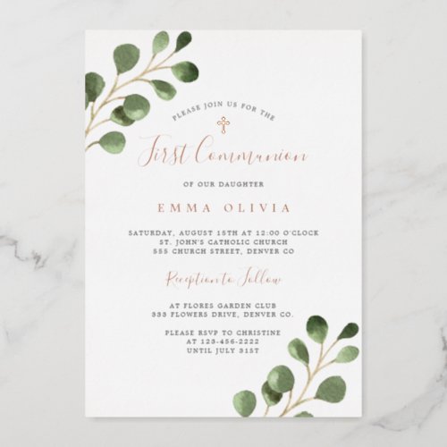 First Holy Communion eucalyptus elegant rose gold Foil Invitation