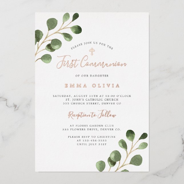 First Holy Communion eucalyptus elegant rose gold Foil Invitation (Front)