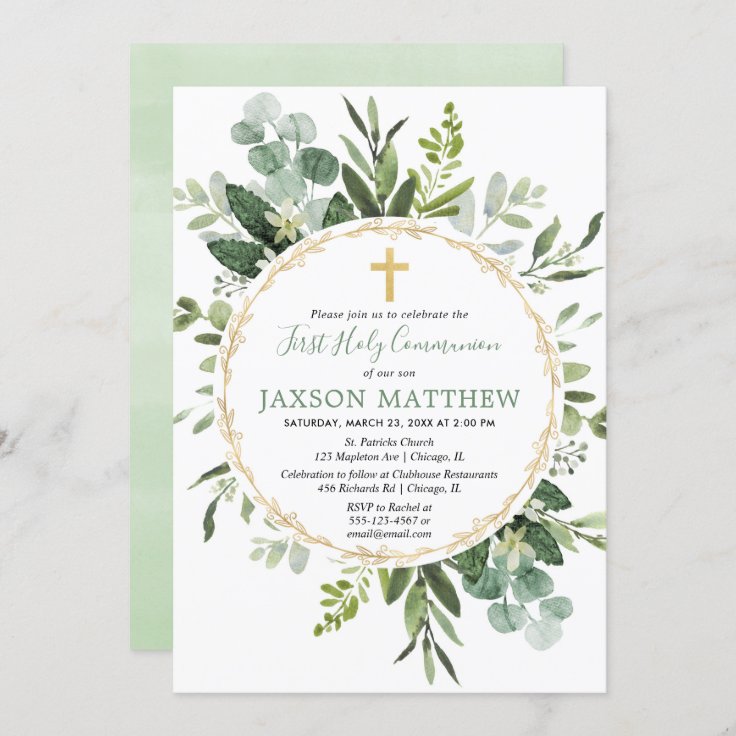 First Holy Communion eucalyptus greenery Invitation | Zazzle