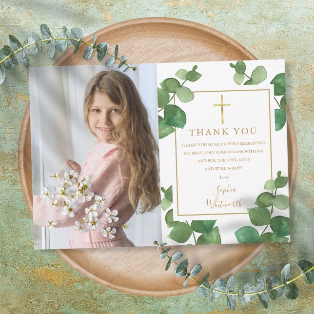 First Holy Communion Eucalyptus Greenery Photo Thank You Card (Creator Uploaded)