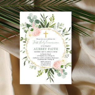 First Holy Communion eucalyptus greenery pink gold Invitation