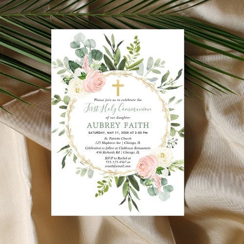 First Holy Communion eucalyptus greenery pink gold Invitation