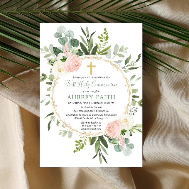 First Holy Communion eucalyptus greenery pink gold Invitation | Zazzle